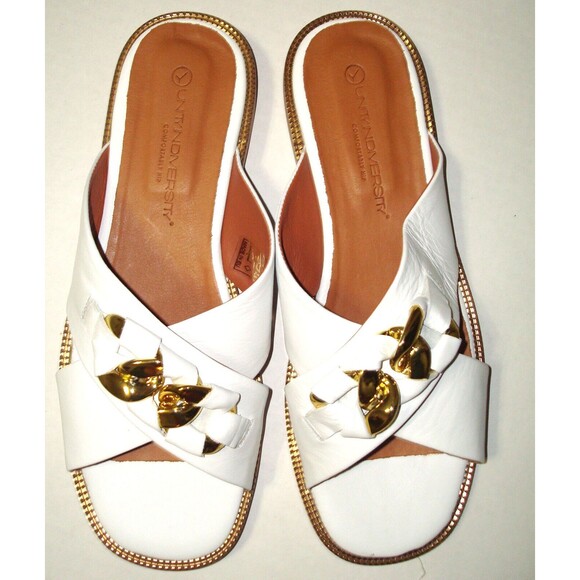 New Womens Unity.In. Diversity Leather Chain Slide Sandals Talia White Gold 10 - Picture 2 of 12